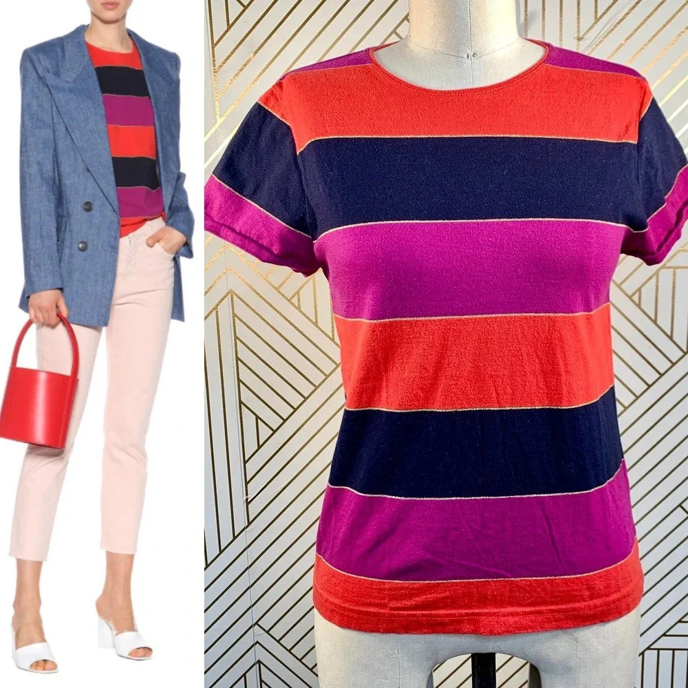 APC A.P.C Millbrook T-Shirt Top Short Sleeve Striped Orange‎ Purple Blue Size XS